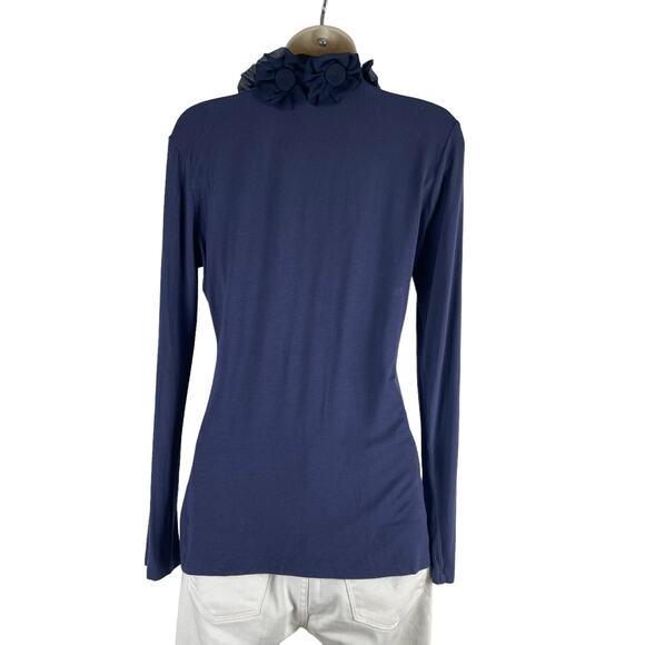Soft Surroundings Floral Applique Ruffle Neck Top Navy Blue Size S - Picture 6 of 9